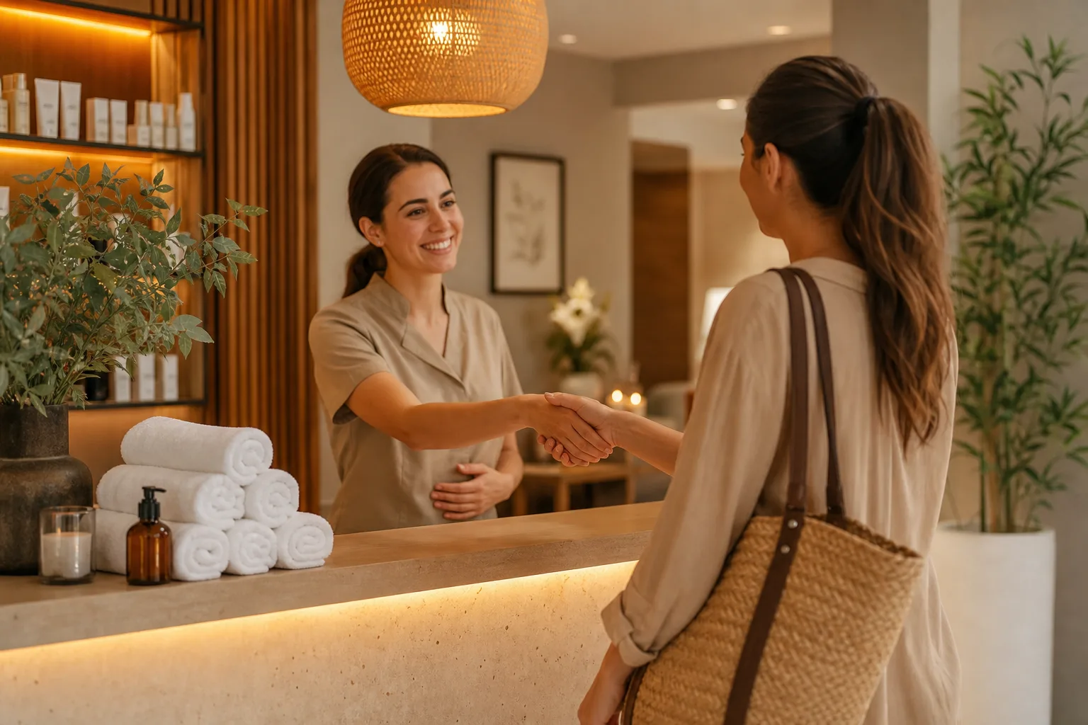 Recepcionista atendiendo a un cliente habitual en un centro estético